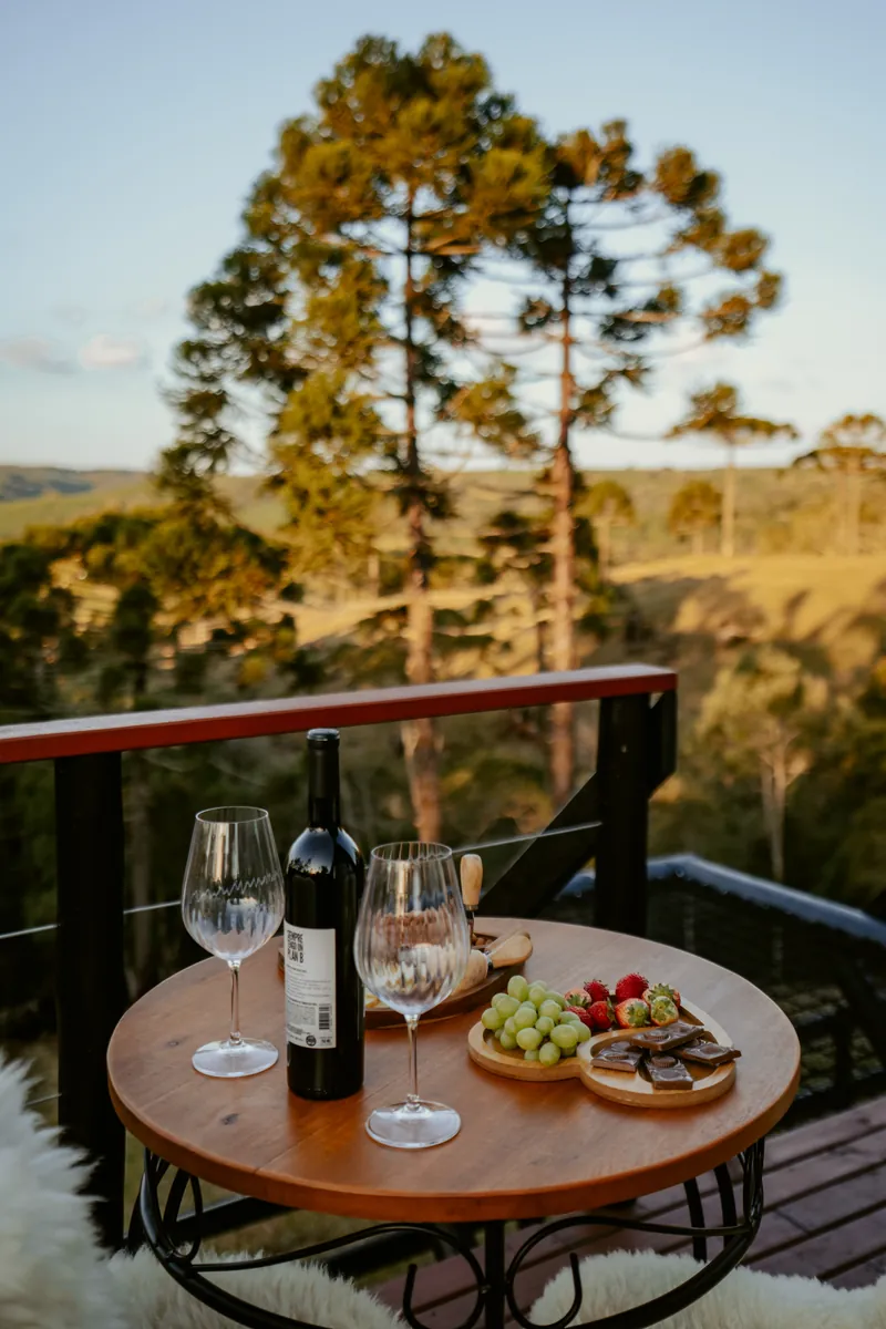 Mesa com vinho e tábua de frios no deck, com araucária ao fundo